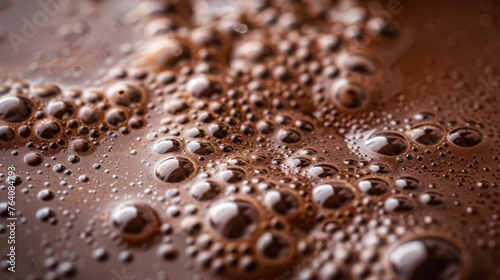 Up-close view capturing the intricate bubble patterns formed on the surface of frothy chocolate milk.