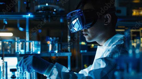 In a modern laboratory, a male scientist studies a bioorganic sample using advanced virtual reality gear