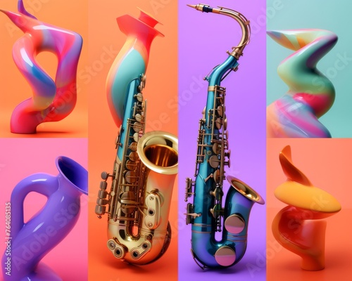 A collage of vibrant colors inspired by the sound of a saxophone solo 3d