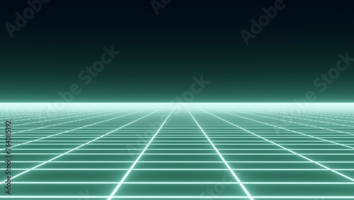 Abstract retro perspective grid. Futuristic polygonal background in the style of the 80s and 90s. Detailed wireframe landscape with lines on black background. Digital space with mesh. 3d rendering.