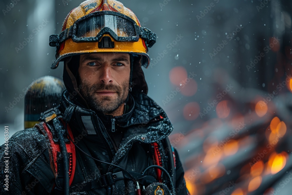 A male firefighter with a serious expression and gear looking at fire scene