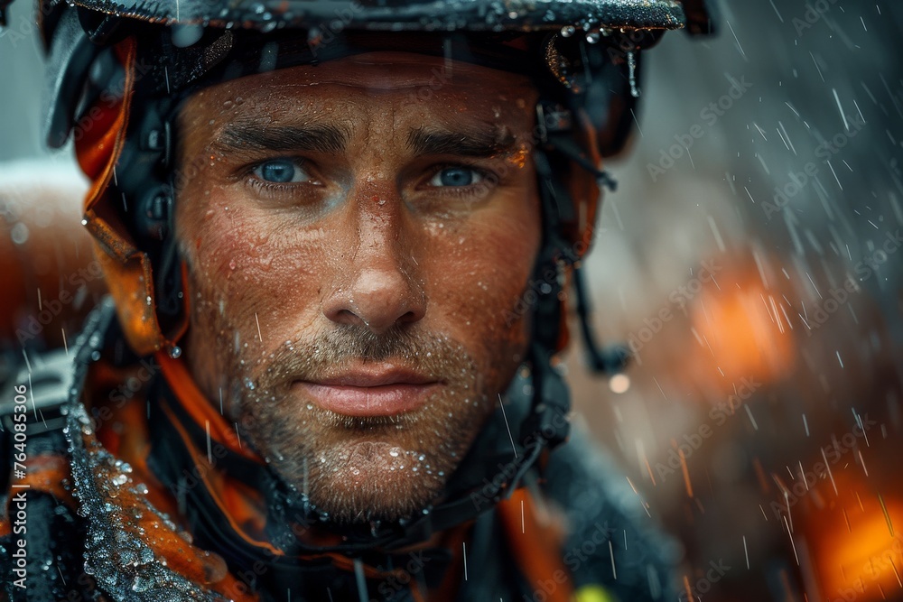Detailed image focusing on the face of a firefighter in the rain, with a fire scene out of focus in the background Detailed image focusing on the face of a firefighter in the rain, with a fire scene out of focus in the background