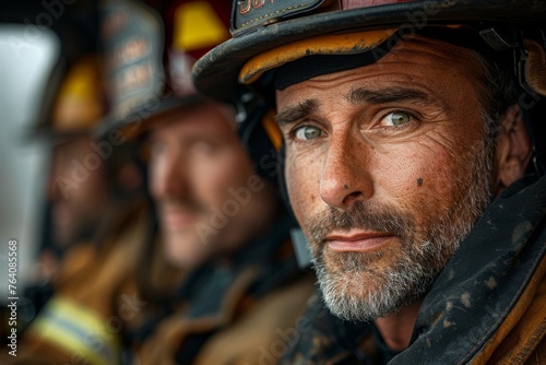 An intense close-up shot of a male firefighter’s face, highlighting his dedication and the seriousness of his profession