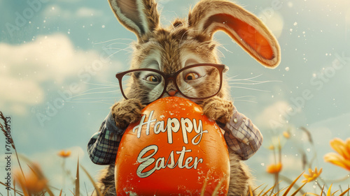 Happy Easter greeting card with a joyful Easter bunny in glasses, a shirt and a tie on the meadow holding a painted orange egg with the inscription 