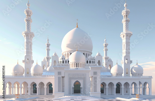 3d model of white mosque with dome and minarets, decorated for Ramadan in front view, 20m wide, 5 meters high, generative ai