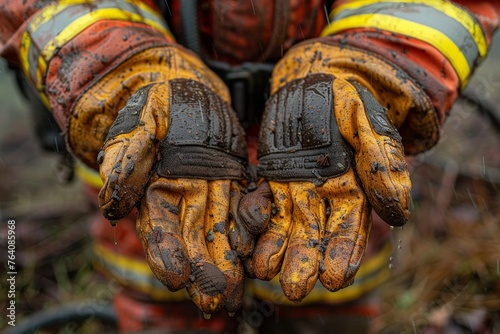 The unity and shared efforts of firefighters are symbolized by their dirty and worn gloves