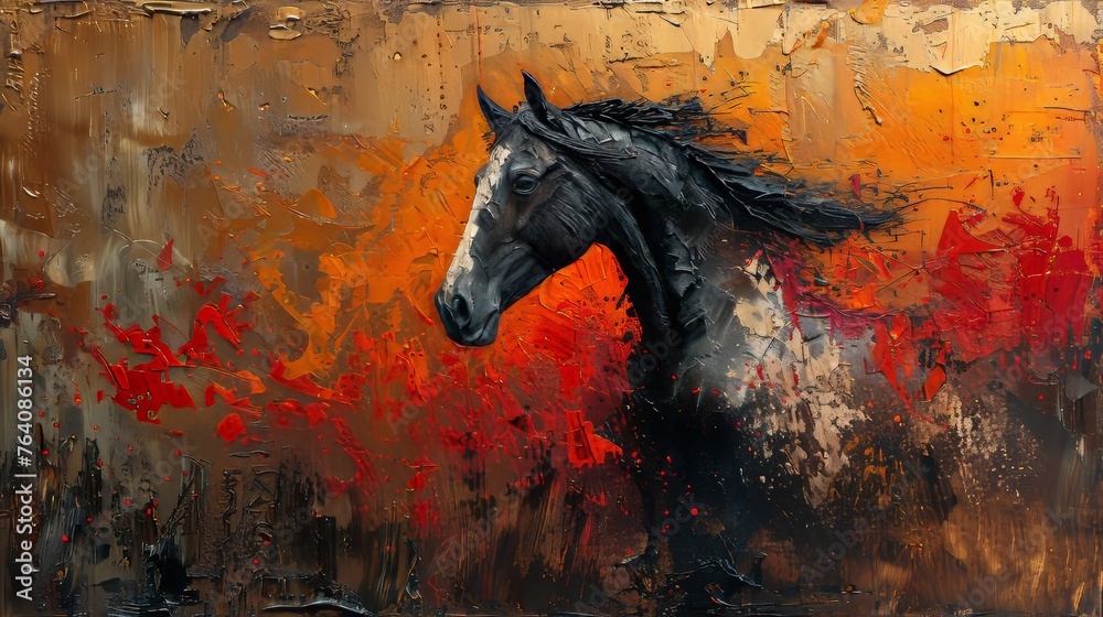 An abstract modern painting with metal elements, a texture background, animals, horses, and... - obrazy, fototapety, plakaty 
