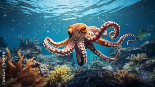Detailed close up of octopus underwater, exploring the rich diversity of ocean and sea inhabitants