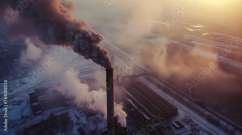 Aerial view of industrial smokestacks emitting plumes of smoke into the dawn sky  symbolizing pollution and environmental concerns