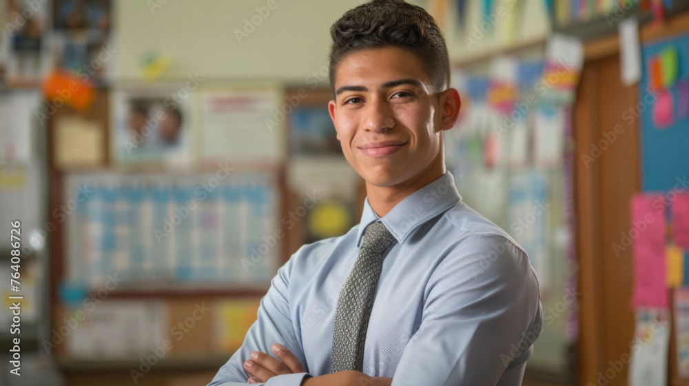 A smiling man stands confidently in front of a classroom whiteboard. A smiling man stands confidently in front of a classroom whiteboard.