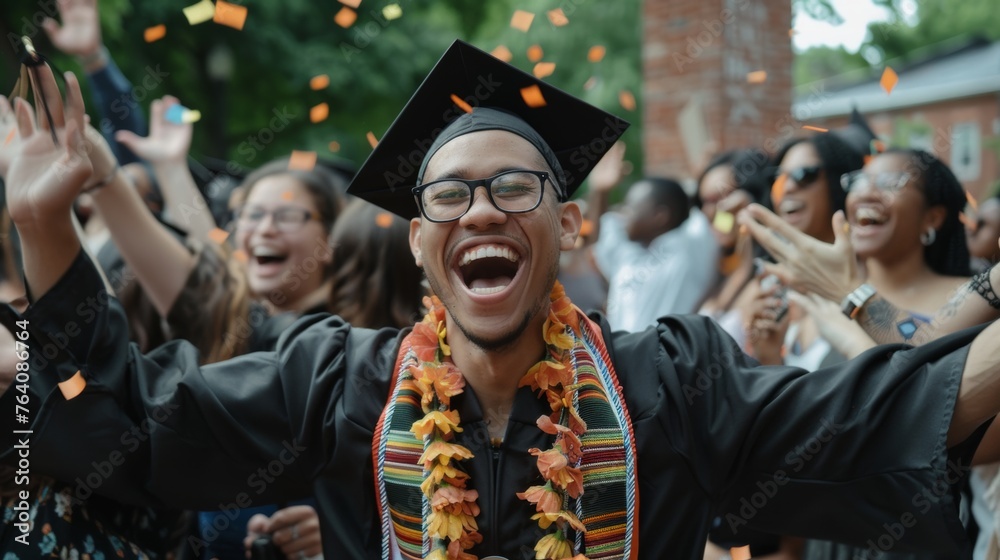 Obraz premium A graduate celebrating with their family who are all cheering them on