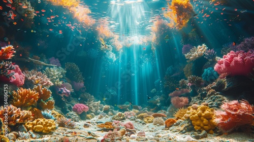Seabed with coral reef and sunshine on tropical seabed