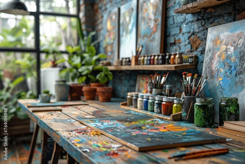 Creatively cluttered artist workspace with paint, brushes, and bright paintings, signifying a burst of artistic inspiration in a sunlit studio