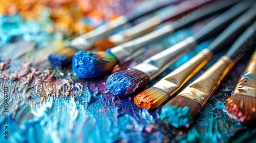 A closeup of a row of artist paintbrushes on a canvas.