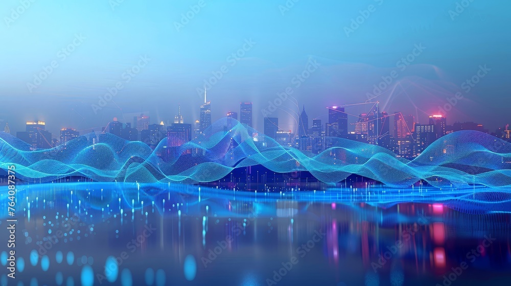 Concept of smart cities and big data connections with digital blue wavy wires and antennas on a night skyline of a megapolis city skyline, double exposure - obrazy, fototapety, plakaty 