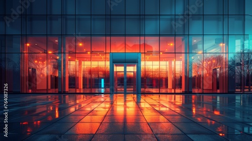 Modern office building entrance with reflective glass facade at sunset
