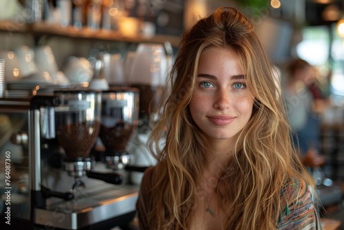 Confident blonde woman gives a playful look in a coffee shop, hinting at a story behind her smile