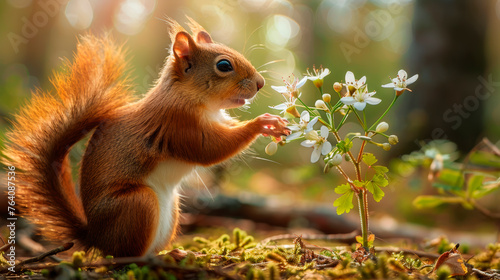 Squirrel reaches out to gently touch a cluster of white blossoms, basking in the warm forest light © Roman Korneev