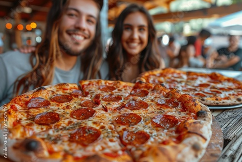 Two friends share a big smile and a delicious pepperoni pizza in a lively restaurant environment