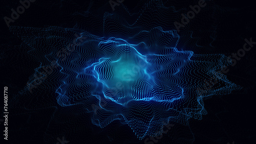 Glowing wave with motion dots and top view. Abstract digital background. Particle explosion. Concept connection big data. Futuristic technology backdrop. 3D rendering.