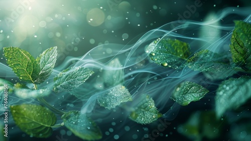 An abstract air blowing effect with a blurred wave motion with mint leaves. Concept of freshness.