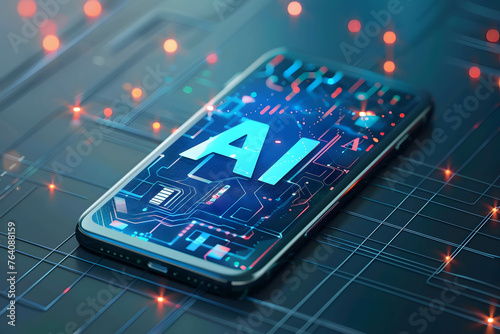AI phone concept, smartphone with word AI, AI technology or artificial intelligence that has become a part of human life, AI helps humans work more easily