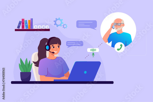 Home work concept. A girl wearing headphones sits at a table and works as an operator, communicates with an elderly man, answers messages in a call center. © Katrin_the_artist