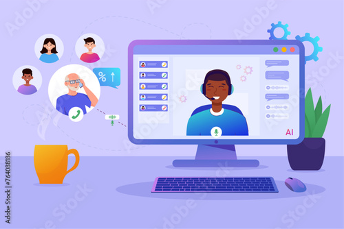 Work online. Working as an operator, a man communicates with an elderly man, answers calls in a call center.