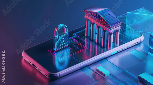 Smartphone with bank and padlock icon on the screen, security on online banking and digital data in network, digital money exchange, data and information on cloud commercial photo