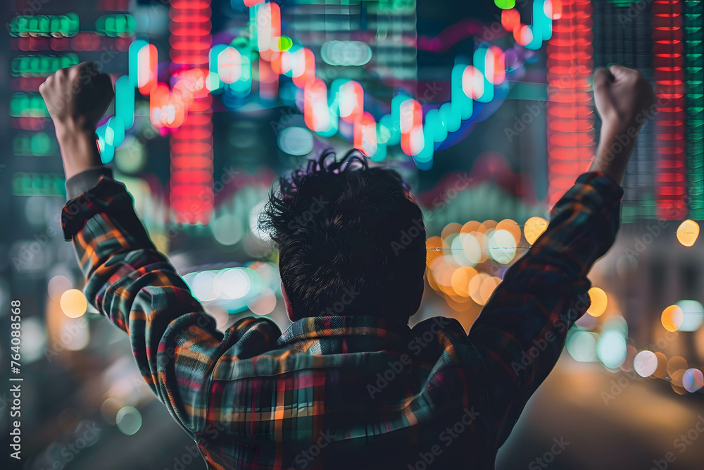 A person celebrating while looking at their stock portfolio gains, profit and capital gain on investment, investing for financial freedom - obrazy, fototapety, plakaty 