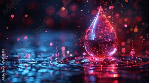 Water droplet with red virus inside in a low poly style. Abstract geometric background. Wireframe light connection structure. Contemporary 3D graphic concept. Illustration isolated from the