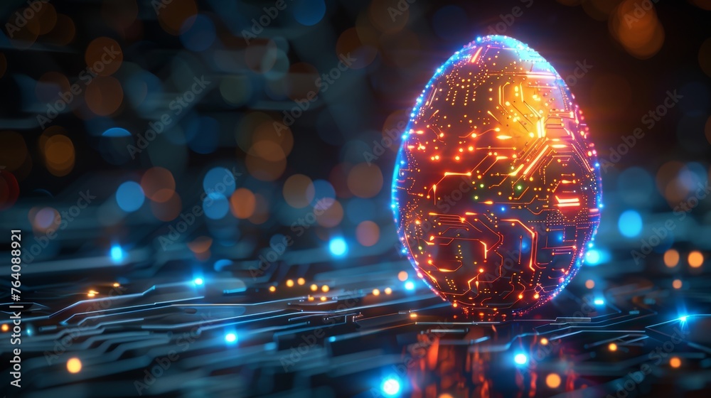 Greeting card with abstract 3D egg with circuit board texture. Modern illustration - obrazy, fototapety, plakaty 