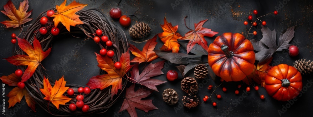 Door wreath of branches, decorated with berries, orange leaves and pumpkin isolated on dark background. Autumn harvest, fall. Thanksgiving or Halloween holiday concept Door wreath of branches, decorated with berries, orange leaves and pumpkin isolated on dark background. Autumn harvest, fall. Thanksgiving or Halloween holiday concept