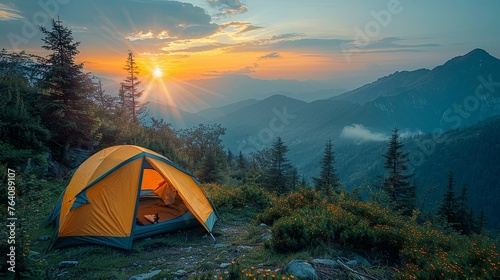 Camping tent picnic on green lawn behind mountain sunrise morning sky background ,small yellow and green  grass recreation and outdoor travel concept.  © Sittipol 