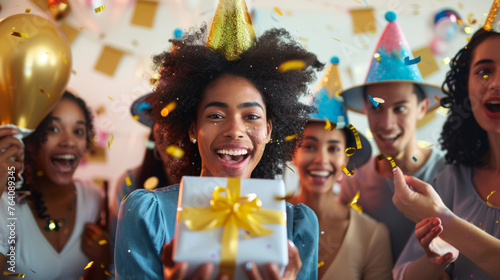 A jubilant woman is holding a gift surrounded by friends and confetti at a birthday party.
