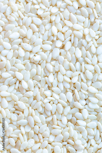 Close-up of white sesame seeds,Raw hulled white Sesame seeds, close-up
