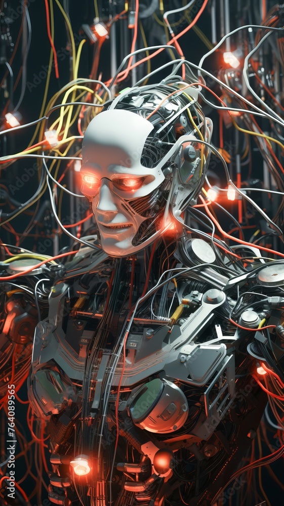 Fototapeta premium A robot emerging from a tangle of wires and circuit boards