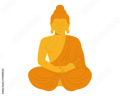 Golden Buddha statue. Sitting monk sculpture in flat vector style