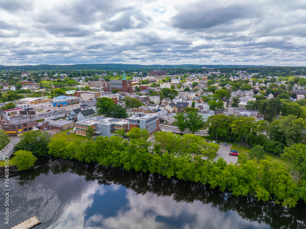 South Lawrence historic city by Merrimack River aerial view including Saint Patrick Parish Church on S Broadway in city of Lawrence, Massachusetts MA, USA. 