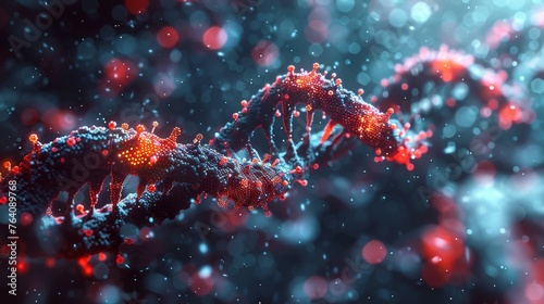 An illustration of a mutating virus in a futuristic style on a dark background with DNA structure. Flu strain evolution, a modern illustration in a futuristic polygonal style. photo