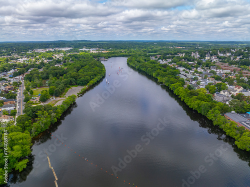 Merrimack River aerial view in summer at Riverfront State Park in city of Lawrence  Massachusetts MA  USA. 