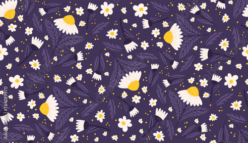 Seamless layout displaying midnight violet-colored daisies. Chamomile recurring design against a purple background.