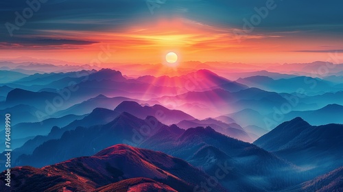 The sunset over the mountains in the summer. Beautiful natural landscape.