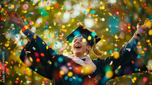A joyful graduate in a cap and gown throws their mortarboard in the air with colorful confetti raining down photo