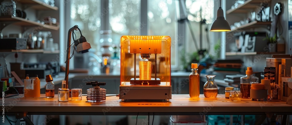 A 3D printer with an orange glass covering printed a plastic model on the desktop of an engineer. Bottles with polymer resin near the 3D printer. - obrazy, fototapety, plakaty 