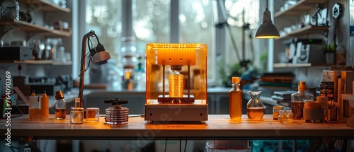 A 3D printer with an orange glass covering printed a plastic model on the desktop of an engineer. Bottles with polymer resin near the 3D printer. photo