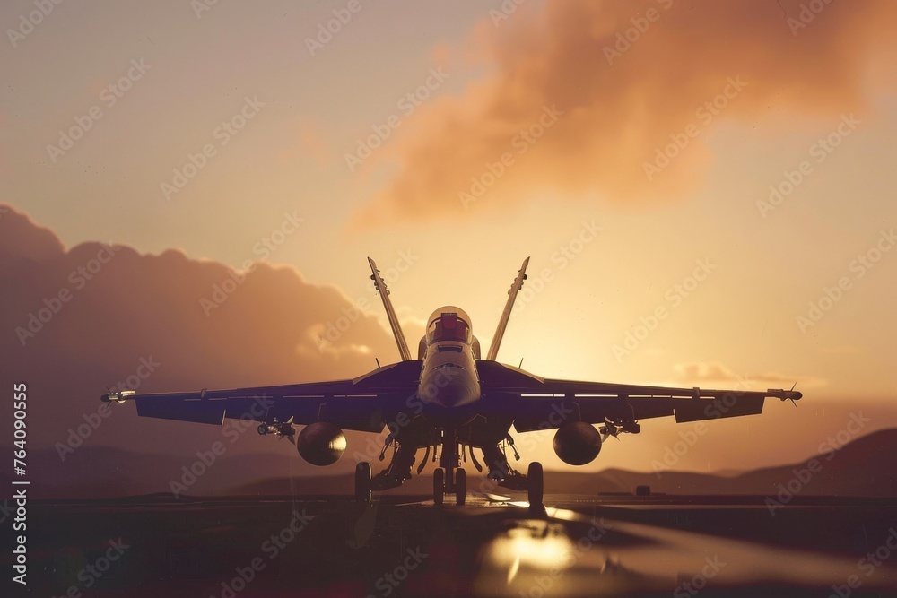 Naklejka premium A fighter plane poised for takeoff with the setting sun behind it