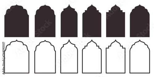 Collection of traditional Islamic window or door shapes. Set of Mosque Muslim frames in silhouette and outline.