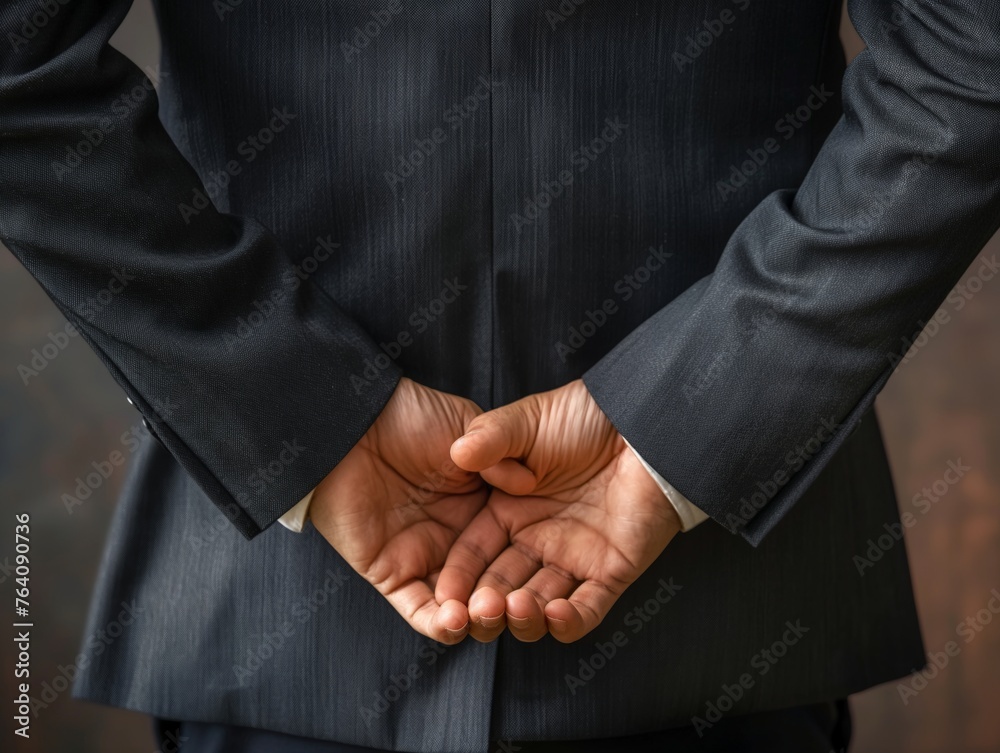 Close-up of a professional in a suit presenting his empty cupped hands, symbolizing offering, request, or emptiness.