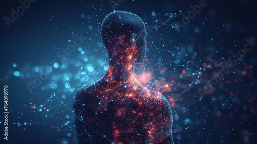 A low poly wireframe illustration of an abstract isolated human body on a blue background. Polygonal top of body of adult man with polygons, particles, lines and connected dots. Medicine and healthy
